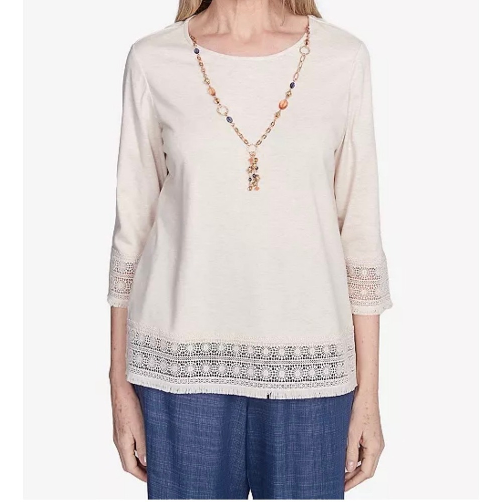 Alfred Dunner Womens XL Oatmeal Heather Crochet Lace Trim 3/4 Sleeve Top Blouse